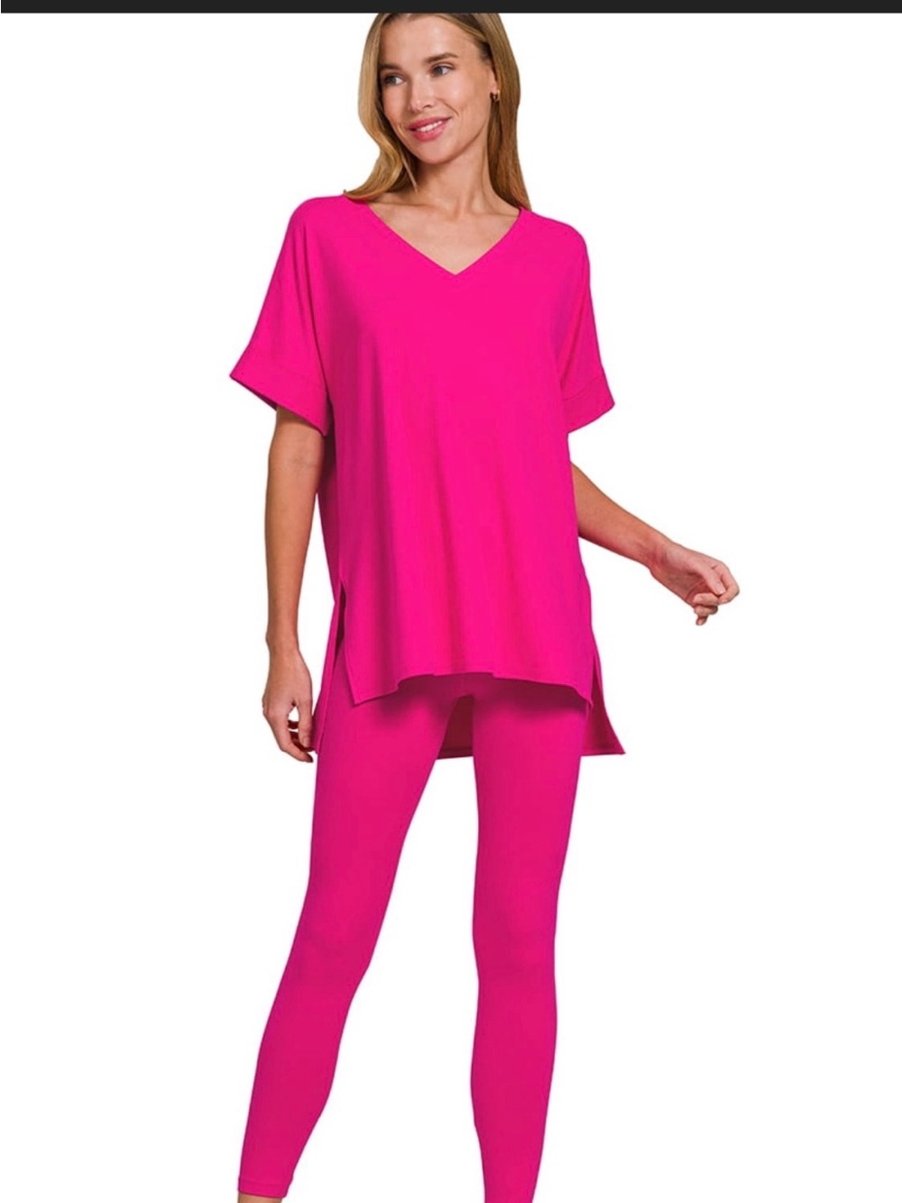 Zenana Women’s V-Neck Lounge Tunic & Legging Set - Hot Pink
